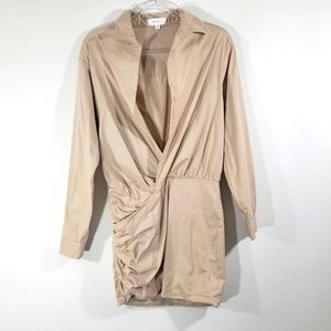 MABLE nude open V neck ruched skirt long sleeve party short mini shirt dress